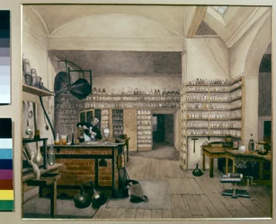 Michael Faraday przy pracy w swoim laboratorium w Royal Institute