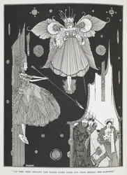 „W tej samej chwili zza zasłon wyszła młoda wróżka”. Ilustracja do opowiadania „Śpiąca królewna w lesie”.