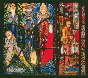 Fragment okna genewskiego przedstawiający Półbogów Jamesa Stephensa oraz Juno i Paycocka Seana OCaseya, 1929