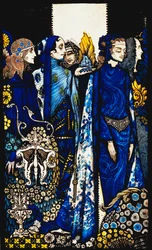 Étain, Helen, Maeve i Fand, czuła dłoń złotej Deirdre. „Królowe”, dziewięć trawionych, barwionych i malowanych paneli szklanych, ilustrujących poemat J. M. Synge’a, 1917