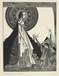 „Zawołałbym głośno jej imię.” Ilustracja do Ligei, opowiadania. „Ligeia” to opowiadanie Edgara Allana Poe. Historia przedstawia bezimiennego narratora i jego żonę Ligeię, piękną i inteligentną kobietę o kruczoczarnych włosach. Zapada ona na chorobę