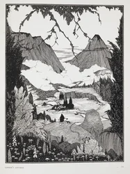 Ilustracja do opowiadania „Chata Landora”. Krajobraz górski.