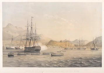 Zajęcie wyspy Chusan przez Brytyjczyków, 5 lipca 1840 r. (kolorowa litografia)