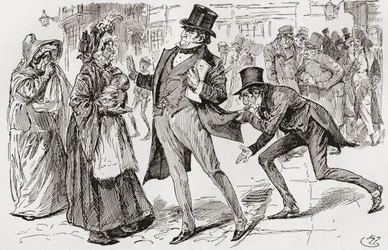 Pan Jaggers i jego klienci. „Pan Jaggers nagle zatrzymał się i zwracając się do dwóch kobiet w szalach, powiedział:„ Och! Amelia, prawda? - Tak, panie Jaggers. - Gdyby nie ja - odparł - nie byłoby pana tutaj. Powiedz jeszcze słowo, a Wemmick zwróci ci pien