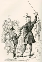 Pan Micawber zabiera Davida do domu. „Szliśmy razem do naszego domu, a pan Micawber po drodze wpajał mi nazwy ulic i kształty narożnych domów”. Ilustracja Harry
