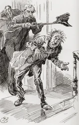 Metoda wyrzucania pana Wrayburna. „Fakt, że Pan Dolls wykazywał skłonność do zasypiania, co groziło dłuższym pobytem w lokalu, wymagał zdecydowanych działań. Dlatego Eugene podniósł szczypcami swój znoszony kapelusz, wcisnął go na