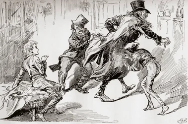 Kuchnia złodziei. Oliver jest pokazany jak to się robi, ilustracja z książki „Oliver Twist”, autorstwa Charlesa Dickensa, z The Testimonial Edition, opublikowanego 1910