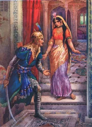 Ujrzawszy Ramę, rzuciła się naprzód. Z Przygód Ramy i Sity, ilustracja z "Childrens Stories from Indian Legends", ok. 1930 r. (kolorowa litografia)