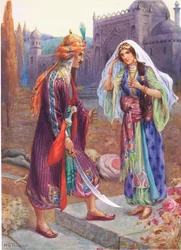 Codadad zabija czarnego olbrzyma, ilustracja z „Opowieści dla dzieci z Księgi tysiąca i jednej nocy” Rose Yeatman Woolf, ok. 1920