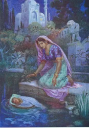 Kunti nie odważyła się być nieposłuszna. From the Adventurous Brethren, ilustracja z "Childrens Stories from Indian Legends", ok. 1930 r. (kolorowa litografia)