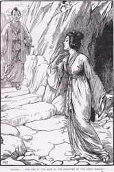 Okhuni został spotkany przy bramie przez córkę wielkiego Susano (z Susano i Ohkuni) (litho)