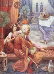 Książę Ahmed i wróżka Banou, ilustracja z "Opowieści dla dzieci z "Nocy arabskich"" Rose Yeatman Woolf, ok. 1920 r. (litografia kolorowa)