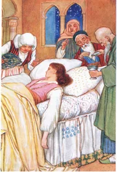 Księżniczka Aldebonda i jej lekarze (z opowieści "Pielgrzymi miłości"), ilustracja z "Opowieści z Alhambry", ok. 1940 r. (litografia kolorowa)