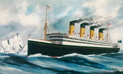 Pasażerski liniowiec "Titanic" (1912) w drodze na północnym Atlantyku, mijający góry lodowe