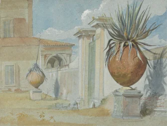 Villa Massimo, Rzym: brama otoczona palmami w dużych glinianych słojach