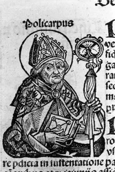 Portret św. Polikarpa ze Smyrny (ok. 69-155), eveque. Rycina z „Kroniki Norymberskiej” Schedla Hartmanna (1440-1514)