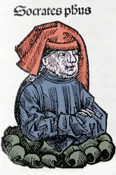 Portret Sokratesa (470-399 pne), filozofa greckiego. Ksylografia „Kroniki Norymbergi” Hartmanna Schedela
