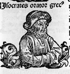Portret mówcy na poddaszu Izorate (436-338 p.n.e.). Ksylografia „Kroniki Norymbergi” Hartmanna Schedela