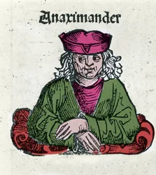 Reprezentacja Anaksymandrosa lub Anaksymandra De Miletus (610 - 547 pne), greckiego filozofa, matematyka i astronoma Ksylografia z „Kroniki Norymbergi” Hartmanna Schedla