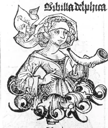 Reprezentacja Pytii z Delf. Xilografia z „Liber chronicarum” Hartmanna Schedla, Norymberga 1497