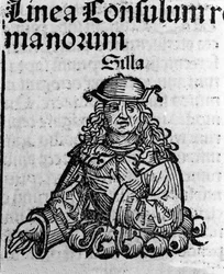 Reprezentacja rzymskiego polityka Lucjusza Korneliusza Sulli (przewodniczący lub Sylla) (138-68 pne) Ksylografia „” Kronik Norymbergi” Hartmanna Schedla