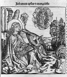 Reprezentacja ewangelisty św. Jana. Rycina z „Liber chronicarum” (kroniki norymberskie) Hartmanna Schedla 1493