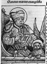 Reprezentacja ewangelisty św. Marka. Rycina z „Liber chronicarum” (kroniki norymberskie) Hartmanna Schedla 1493