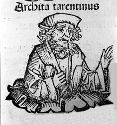 Grecki filozof Archytas z Tarentu (435-347 pne) filozof Pitagoryk, matematyk, astronom. Ksylografia „Kroniki Norymbergi” Hartmanna Schedel