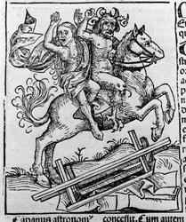 Król, czarownica i ropucha Berkeley – William z Malmesbury „” Reprezentacja czarownicy z Berkeley ekshumowana z trumny przez demony””” Grawer z Hartmann Schedel „” Liber chronicarum”” Norymberga 1493