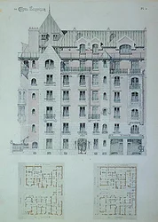 Fasada i plan terenu „Castel-Beranger”, ilustracja z książki Hectora Guimarda (1867-1942) (kolor lito)