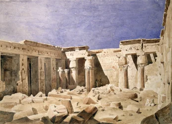 Świątynia Medinet Habu". Akwarela autorstwa Hectora Horeau (1801-1872), francuskiego architekta. Świątynia grobowa Ramzesa III na zachodnim brzegu Nilu w Luksorze.