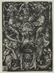 Projekt ornamentu z maską, para trytonów i dwoje dzieci poniżej, 1549.