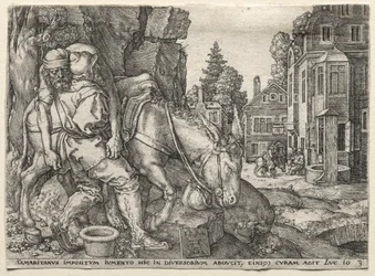 Przypowieść o dobrym Samarytaninie: Dobry Samarytanin sadza podróżnika na swoim osiołku, 1554.