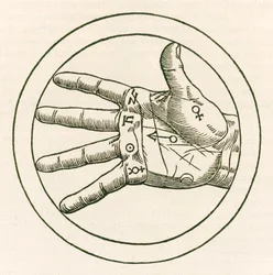 Dłoń chiromancji, rycina z dzieła De occulta philosophia libri tres (Trzy księgi filozofii okultystycznej) Heinricha Corneliusa Agryppy von Nettesheima (1486-1535), opublikowanego w 1533 roku.