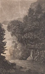 Krajobraz ze skałami i dużymi drzewami, m.in. dwóch mężczyzn