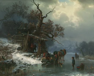 Zimowy pejzaż z postaciami na zamarzniętej rzece, 1867