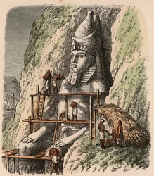 Starożytny Egipt: Rzeźbienie posągu w świątyni Abu Simbel, 1866 r.