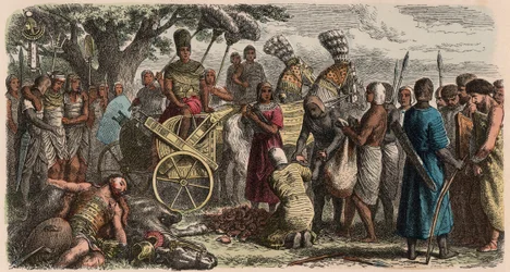 Starożytny Egipt: więźniowie przyprowadzeni przed zwycięskiego faraona Ramzesa II, aby odciąć im ręce, 1866 r.