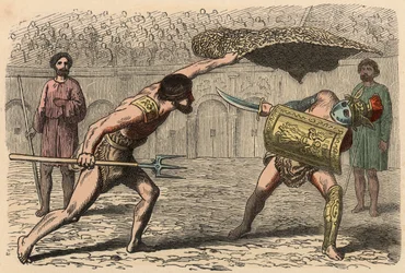 Starożytny Rzym: Gladiator walczy w amfiteatrze