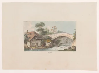 Widok domu przy moście w Orbe à Orbe (tytuł na obiekcie) Widoki Szwajcarii (tytuł serii) Collection de quelques vues dessinées en Suisse d