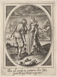 Mężczyzna podchodzi do kobiety, która trzyma kielich przy ustach, młyn wodny i wierzchowiec..., ok. godz. 1585-1621.