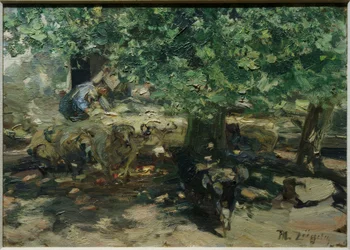 Przed stajnią (stado owiec wpycha się do stajni)