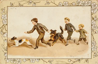 Kartka z życzeniami przedstawiająca dzieci bawiące się z psami