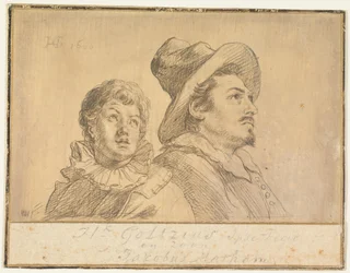 Dwóch mężczyzn, prawdopodobnie Jan Matthijs Ban i Philips van Winghe (strona przednia). Chłopiec w kapeluszu, przedstawiony do połowy postaci. W ramionach trzyma martwego starca (strona tylna)