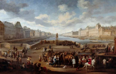 Widok na Paryż z Luwrem z mostu Henryka IV (Actuel Pont Neuf). Obraz Hendricksa Mommersa (1623-1693)