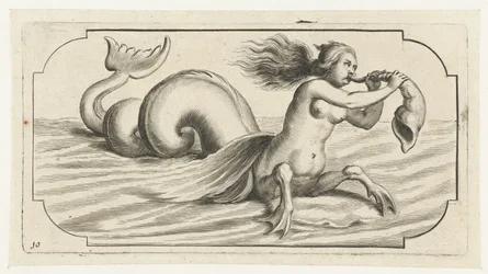 Postać kobieca wieje na muszli Nouveau Livre des Dieux et Deeßes De la Marine Bouckje of Sea Gods and Goddesses (tytuł serii)