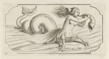 Postać kobieca wieje na muszli Nouveau Livre des Dieux et Deeßes De la Marine Bouckje of Sea Gods and Goddesses (tytuł serii)