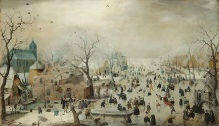 Zimowy krajobraz z łyżwiarzy. c.1608 (olej na panelu)