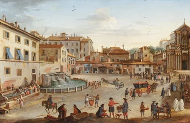 Rzym, widok na Palazzo Barberini z wieloma postaciami (olej na miedzi)