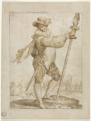 Stały oficer trzymający włócznię na dzika, 1586.